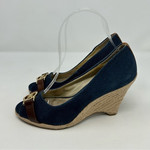Michael Michael Kors Denim Blue Peep Toe Espadrille Wedges Size 7 - Picture 6 of 13